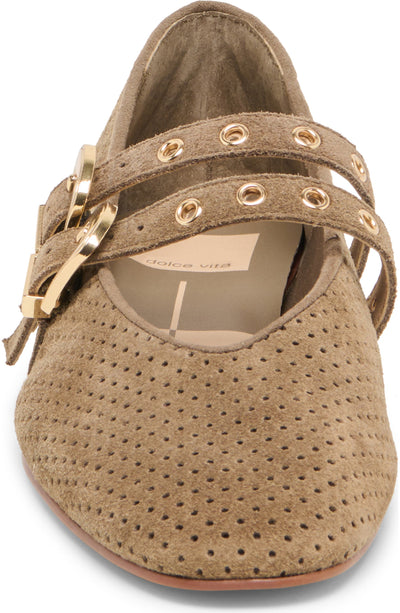 Baylee Grommet Ballet Flats in Olive Perforated Suede