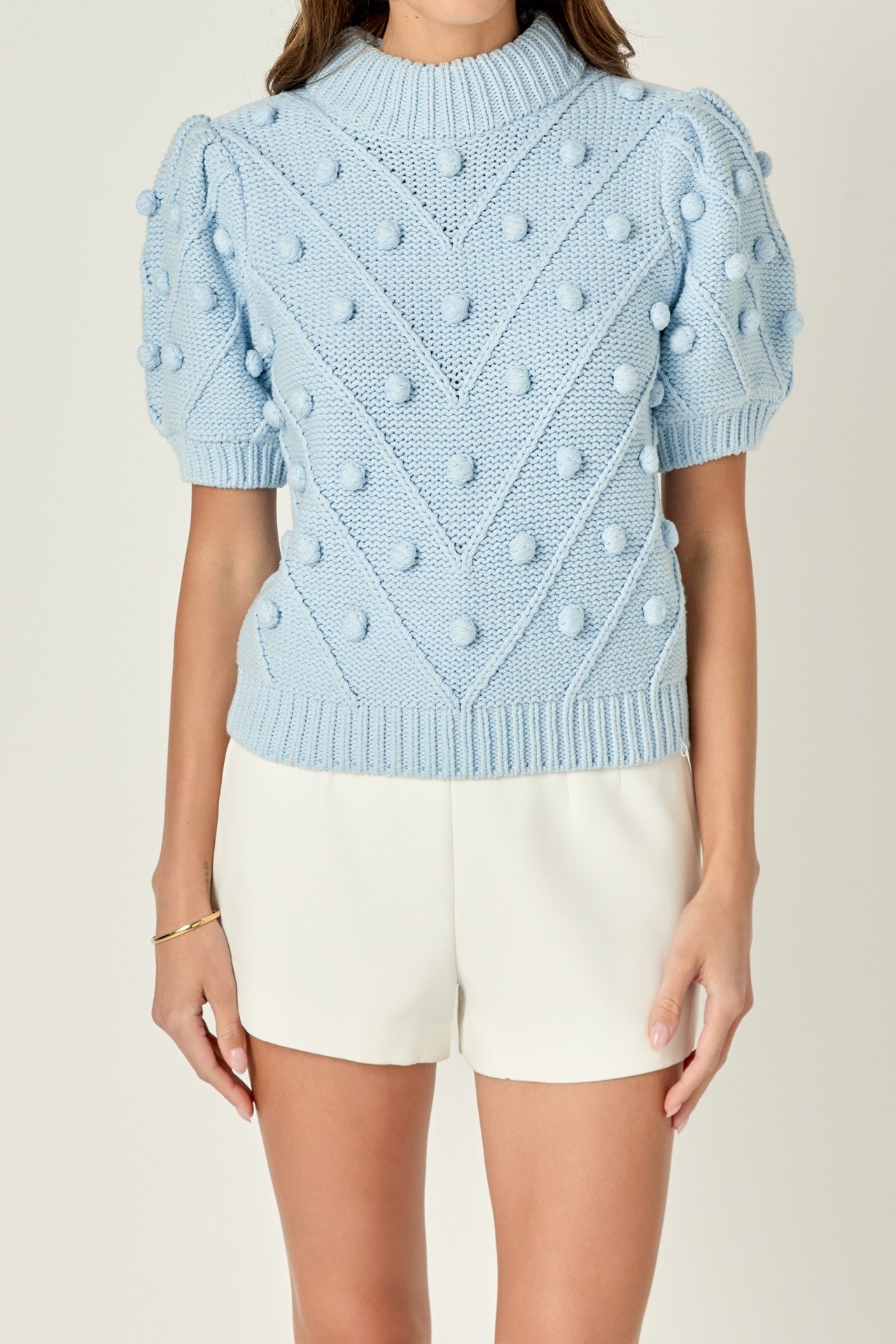 Pom Pom Puff Sleeve Sweater in Powder Blue