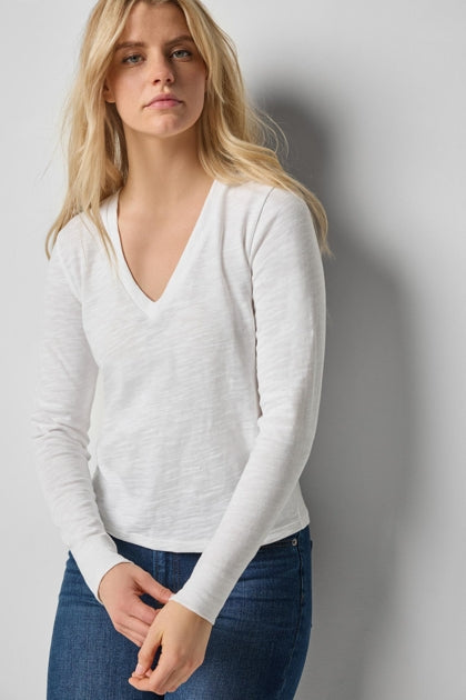 Long Sleeve Self Trim V-Neck in White