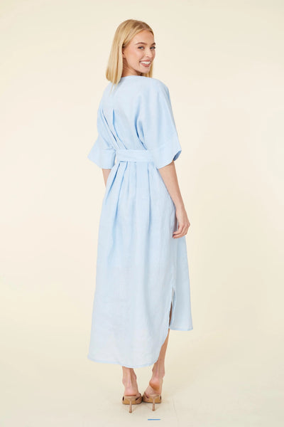 Linen Belted Maxi Dress in Light Blue