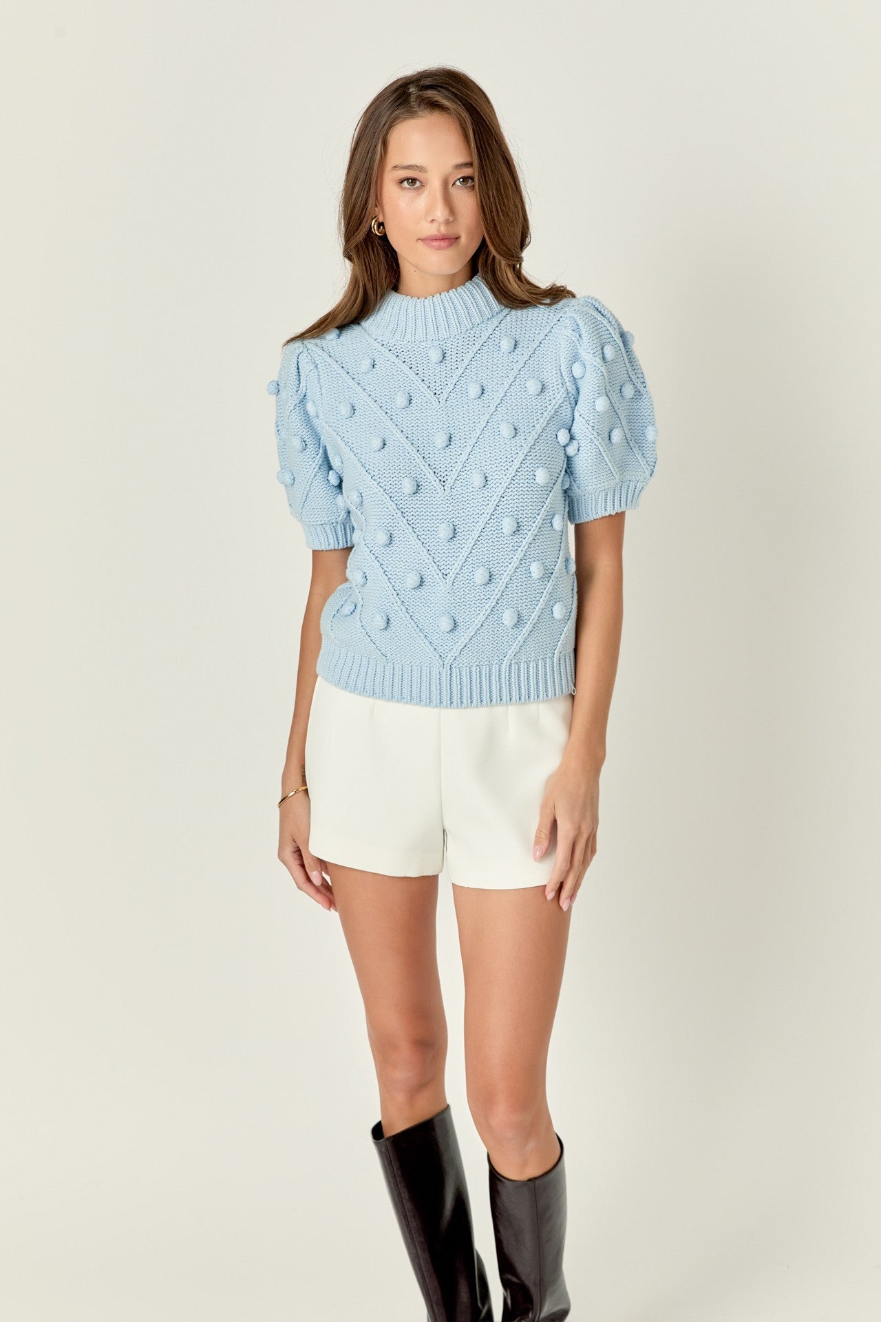 Pom Pom Puff Sleeve Sweater in Powder Blue