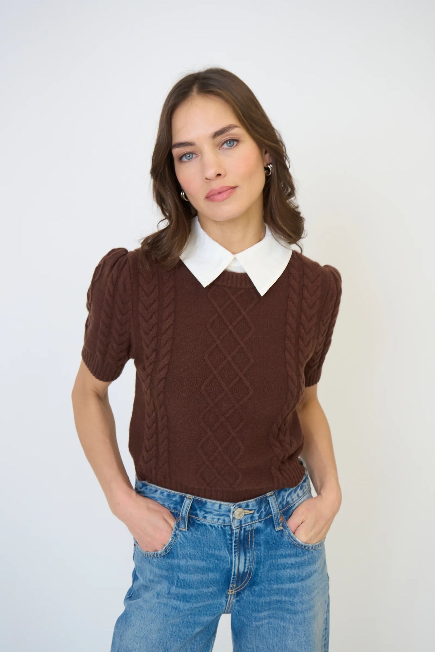 Astrid Twofer Poof Sleeve Polo in Brown