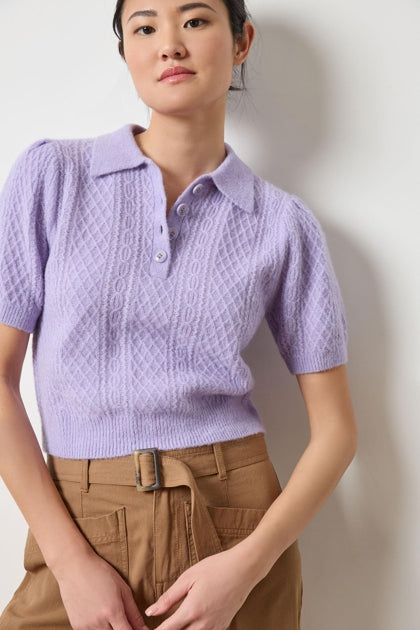 Mixed Stitch Elbow Sleeve Polo in Lavender