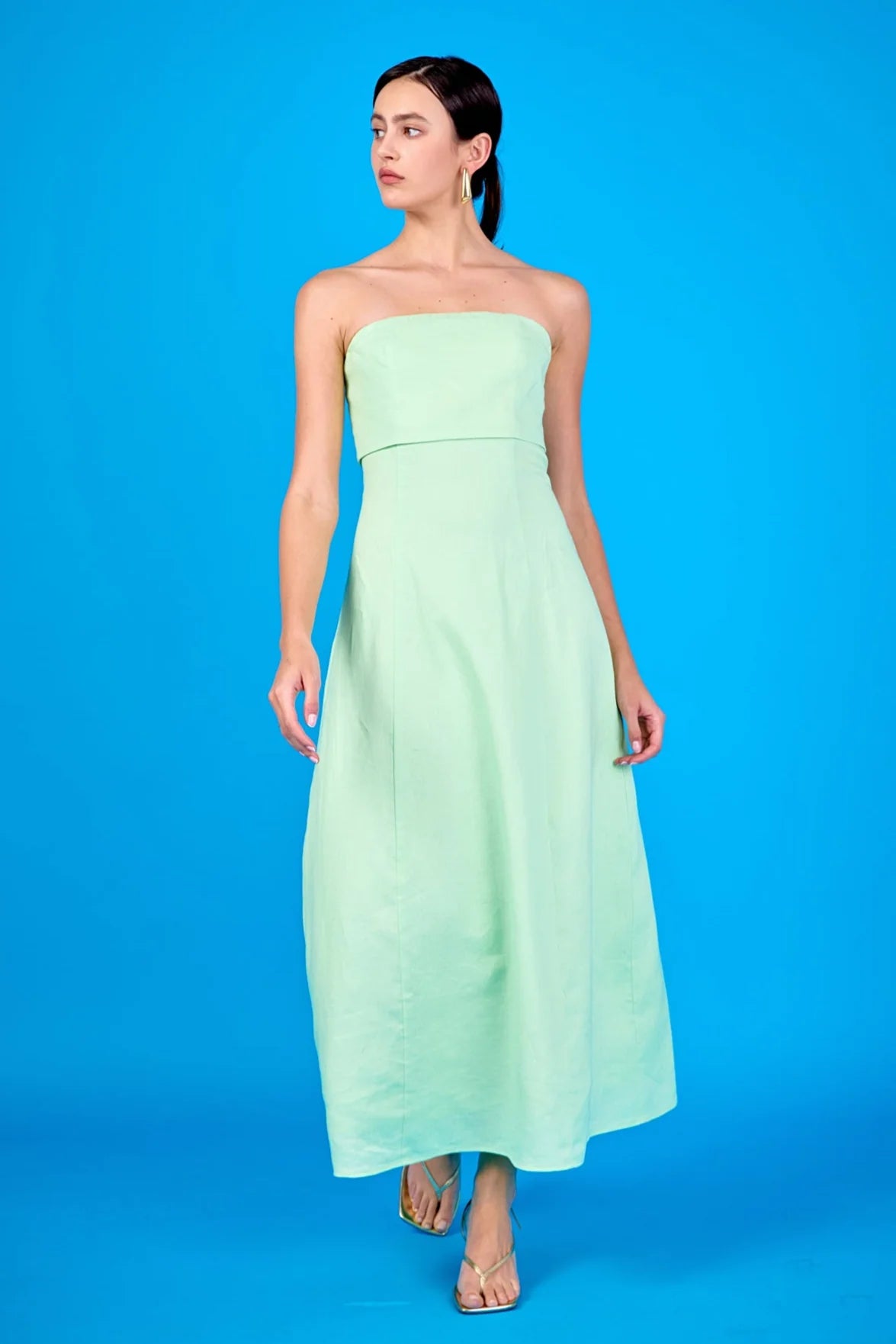 Lucia Folded Strapless Linen Maxi Dress in Pistachio