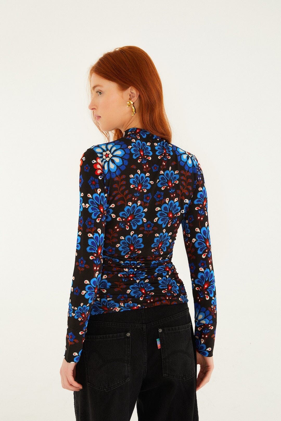 Latina Scarf Mock Neck Jersey Blouse in Black Multi