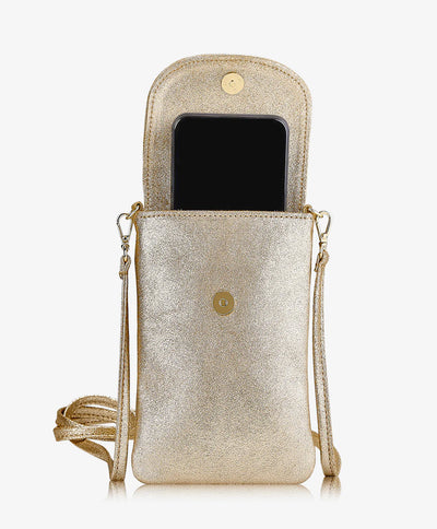 Emmie Phone Crossbody in Gold Platinum Metallic Leather