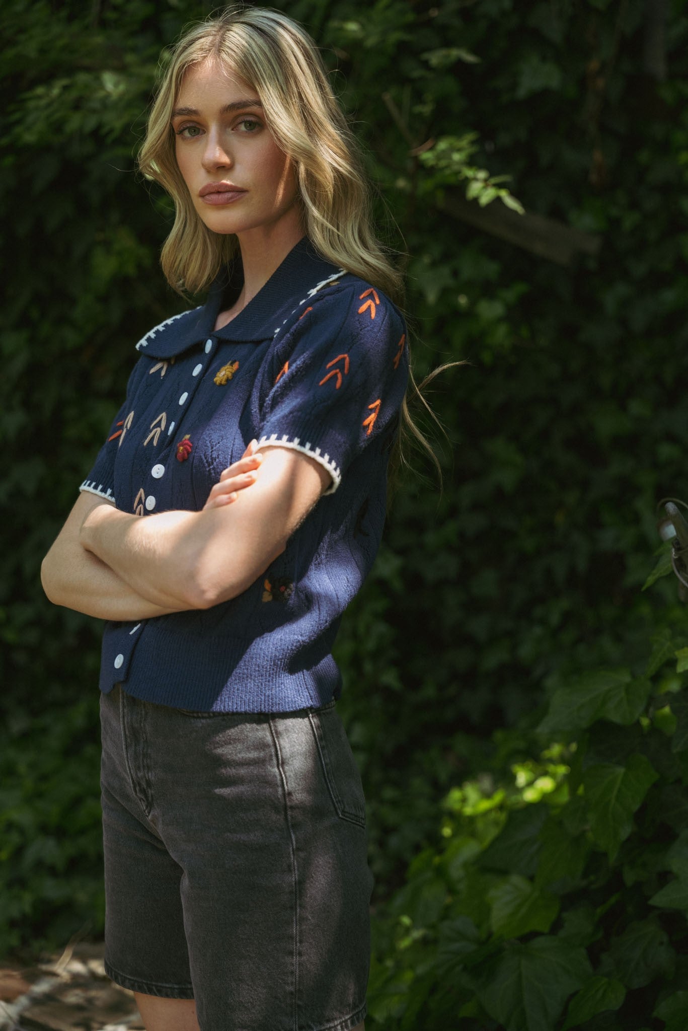Hand Embroidered Short Sleeve Button Down Sweater in Navy Multi