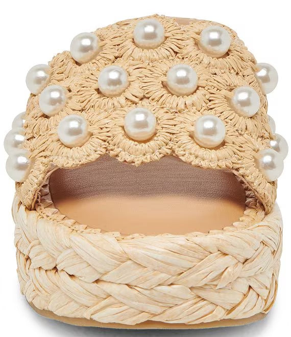 Caper Pearl Embellished Raffia Platform Slide Sandals in Light Natural
