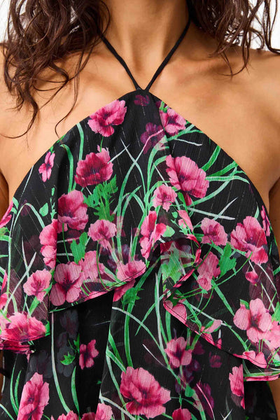 Estelle Halter Gown in Black & Pink Floral