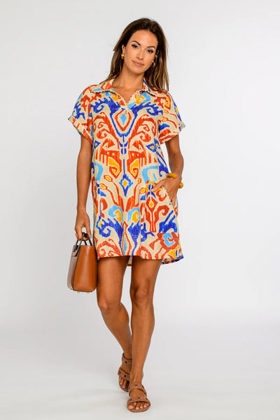 Short Sleeve Taylor Dress in Ikat Multi