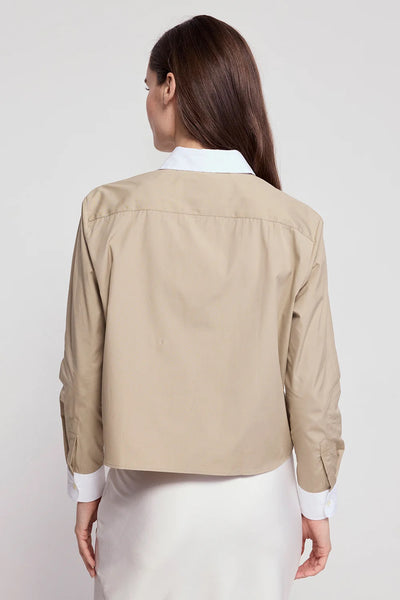 The Long Sleeve Boxy Crop in Taupe/White Collar