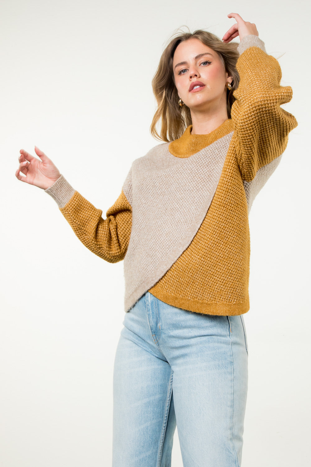 Colorblock Knit Sweater in Taupe/Mustard