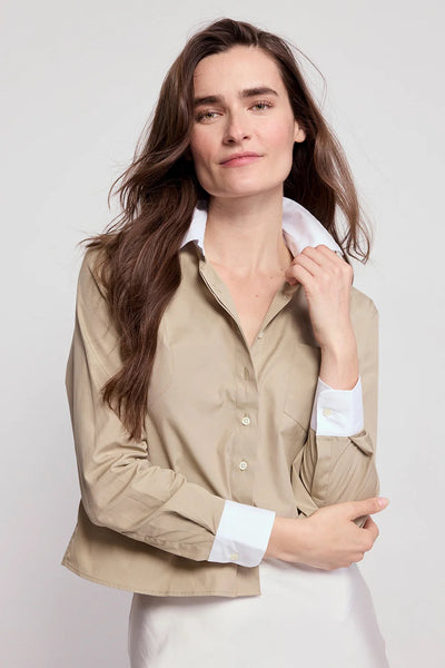 The Long Sleeve Boxy Crop in Taupe/White Collar