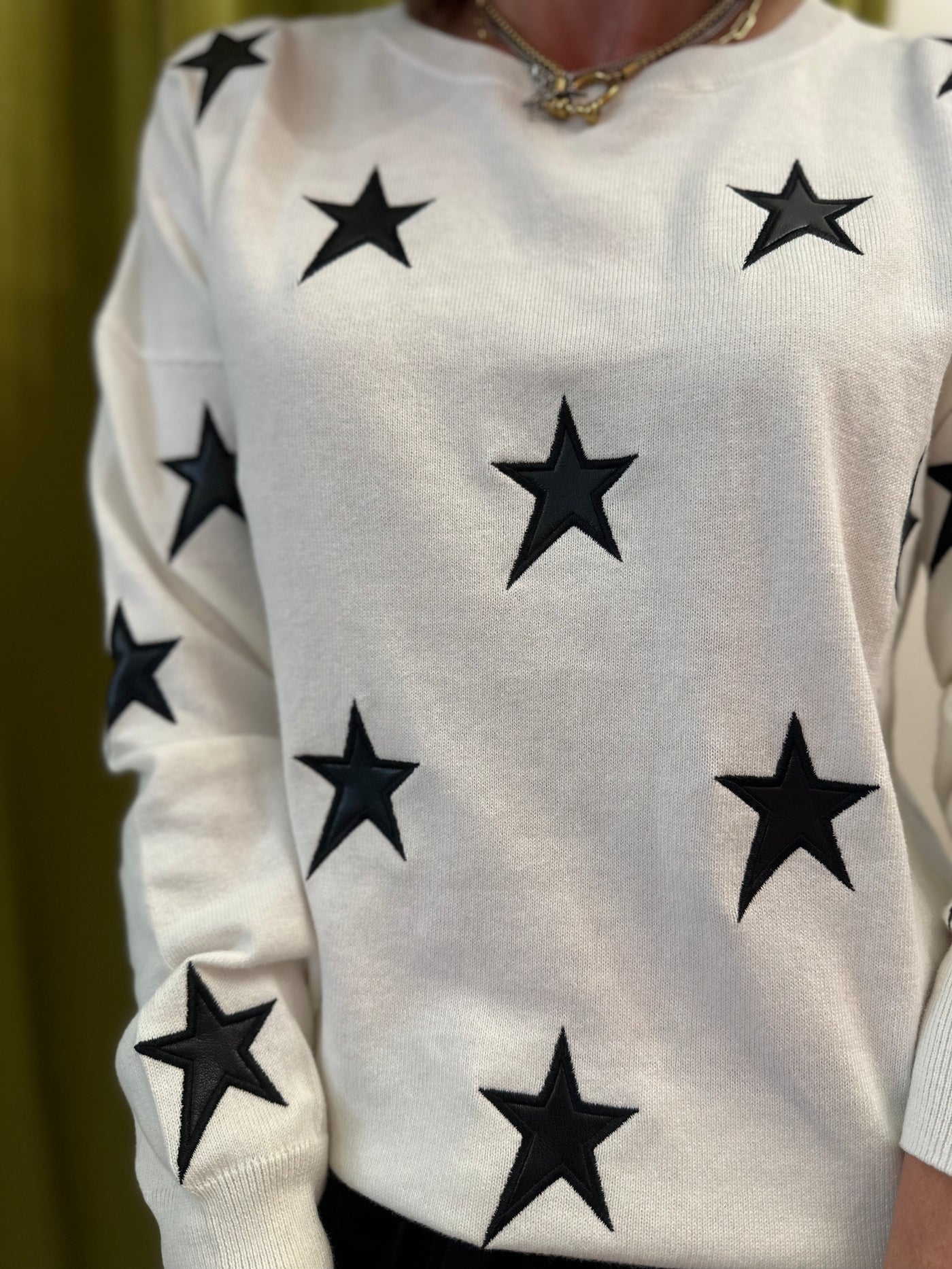 Faux Leather Star Crew Neck Sweater in Milk