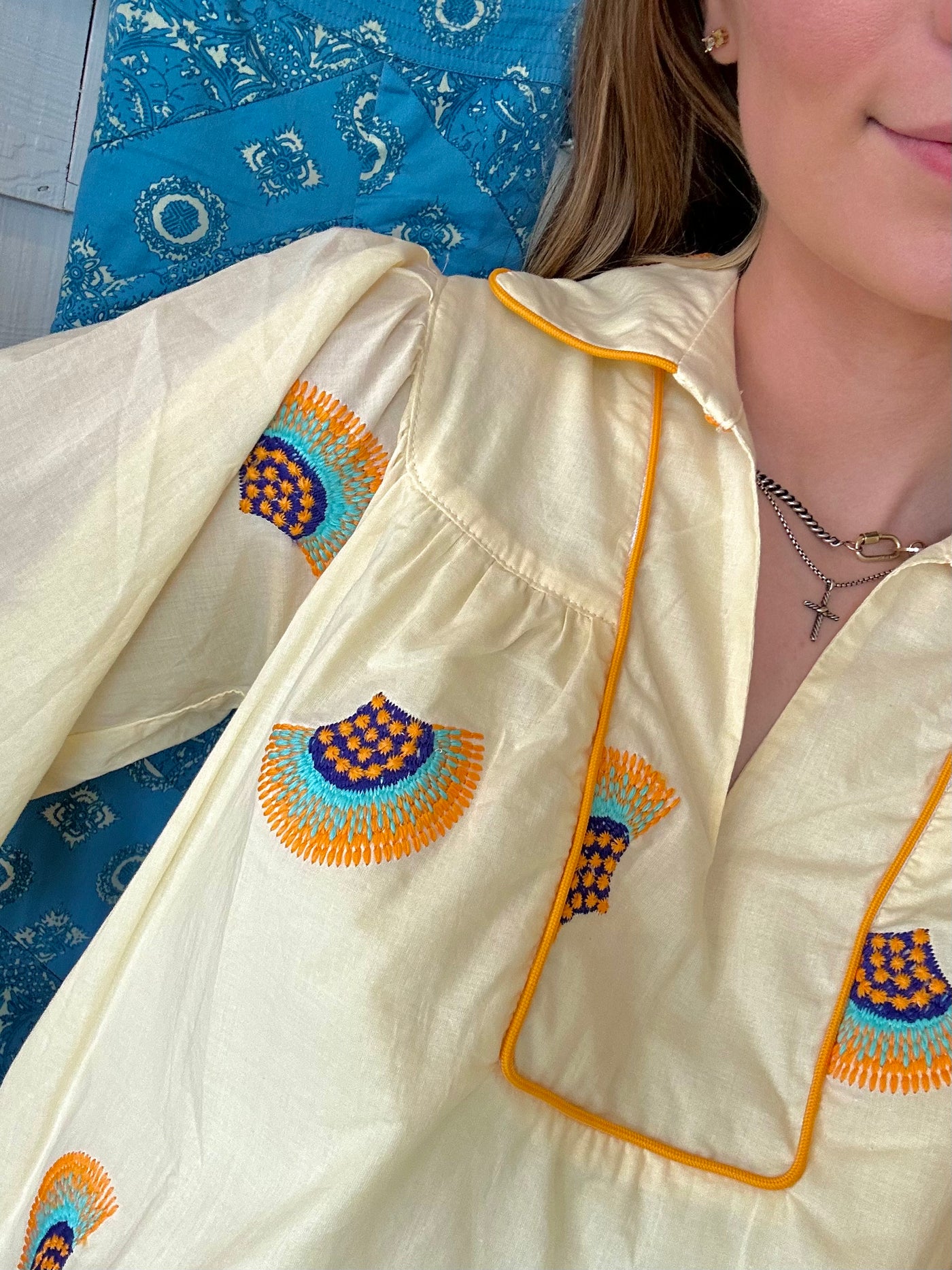 Fan Embroidery Blouse in Yellow Multi