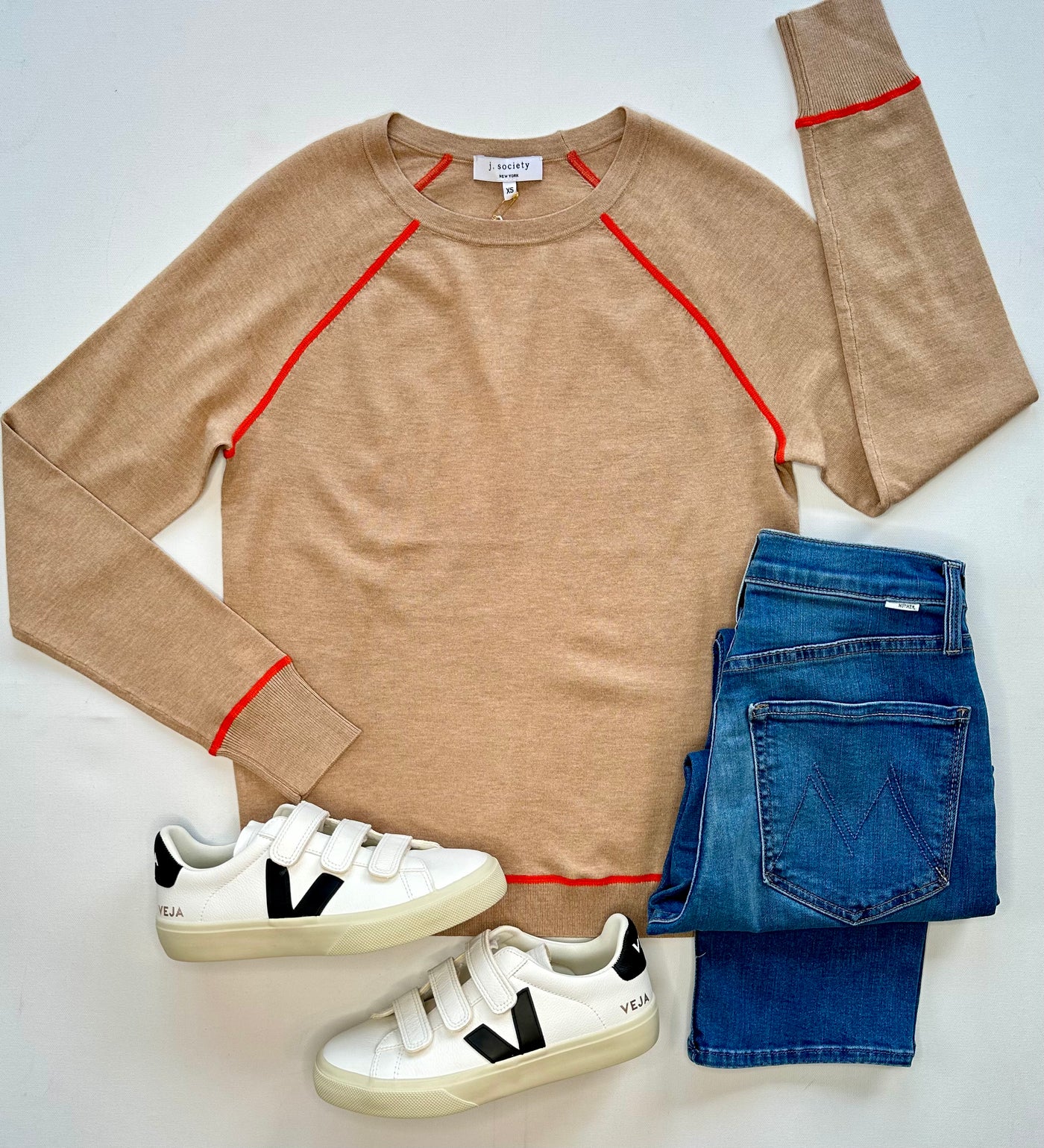 Stitched Crew Neck Sweater in Camel/Orange