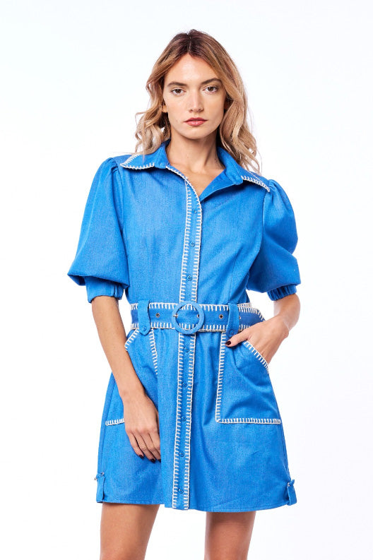 Denim Effect Mini Dress in Light Blue