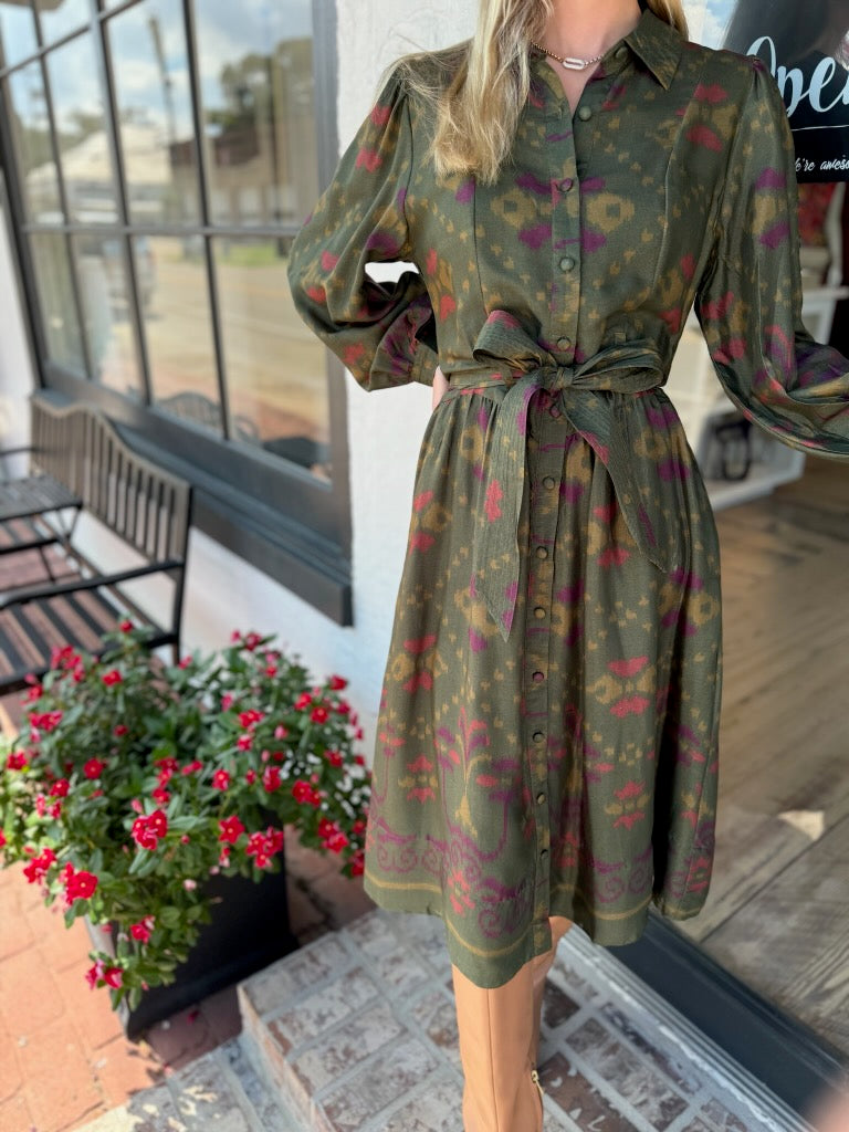 Lulu Midi Dress in La Dame Vert Olive