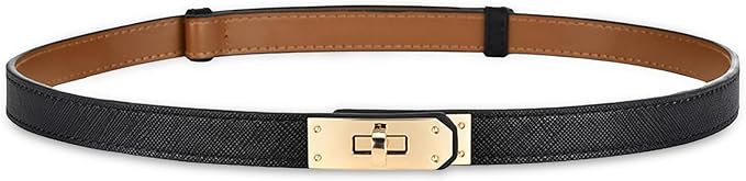 Gold Turn Lock Skinny Belt in Black