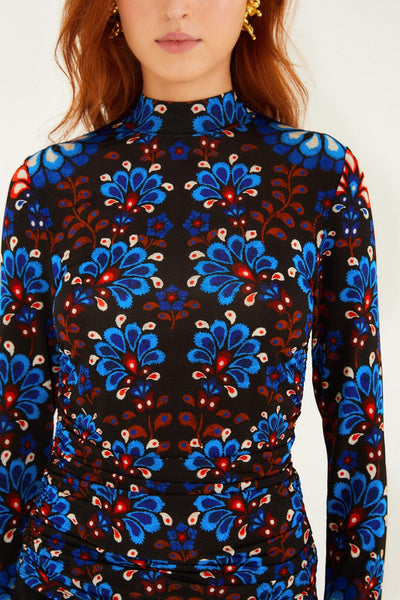 Latina Scarf Mock Neck Jersey Blouse in Black Multi