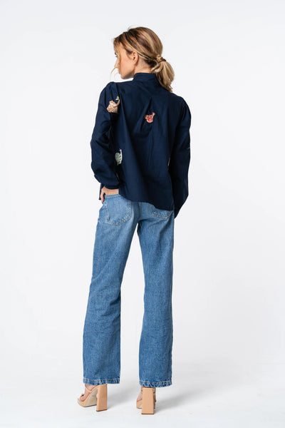 Emmy Embroidered Parkscape Top in Navy