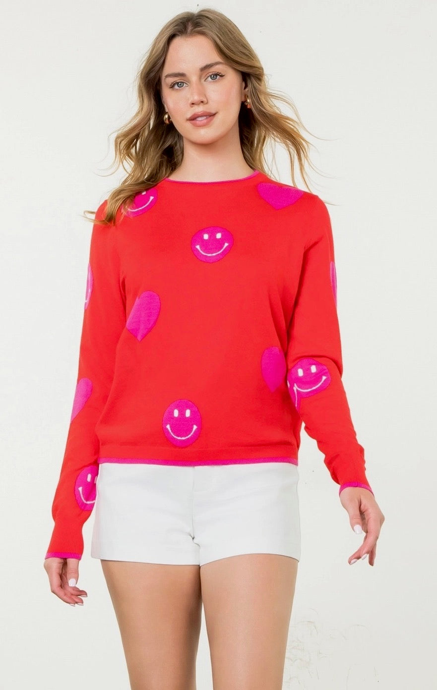 Heart and Smiley Face Sweater in Red/Hot Pink