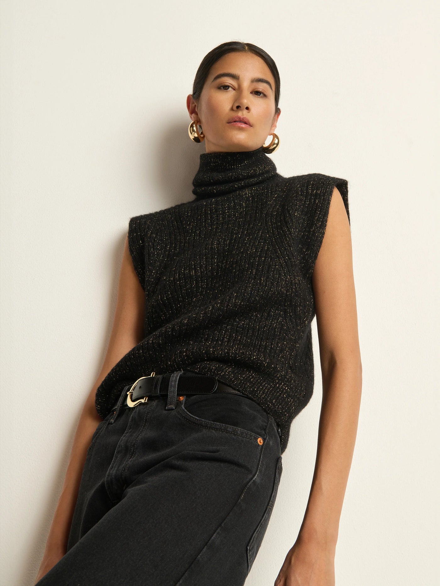 Isha Turtleneck Tank in Shiny Jet Black