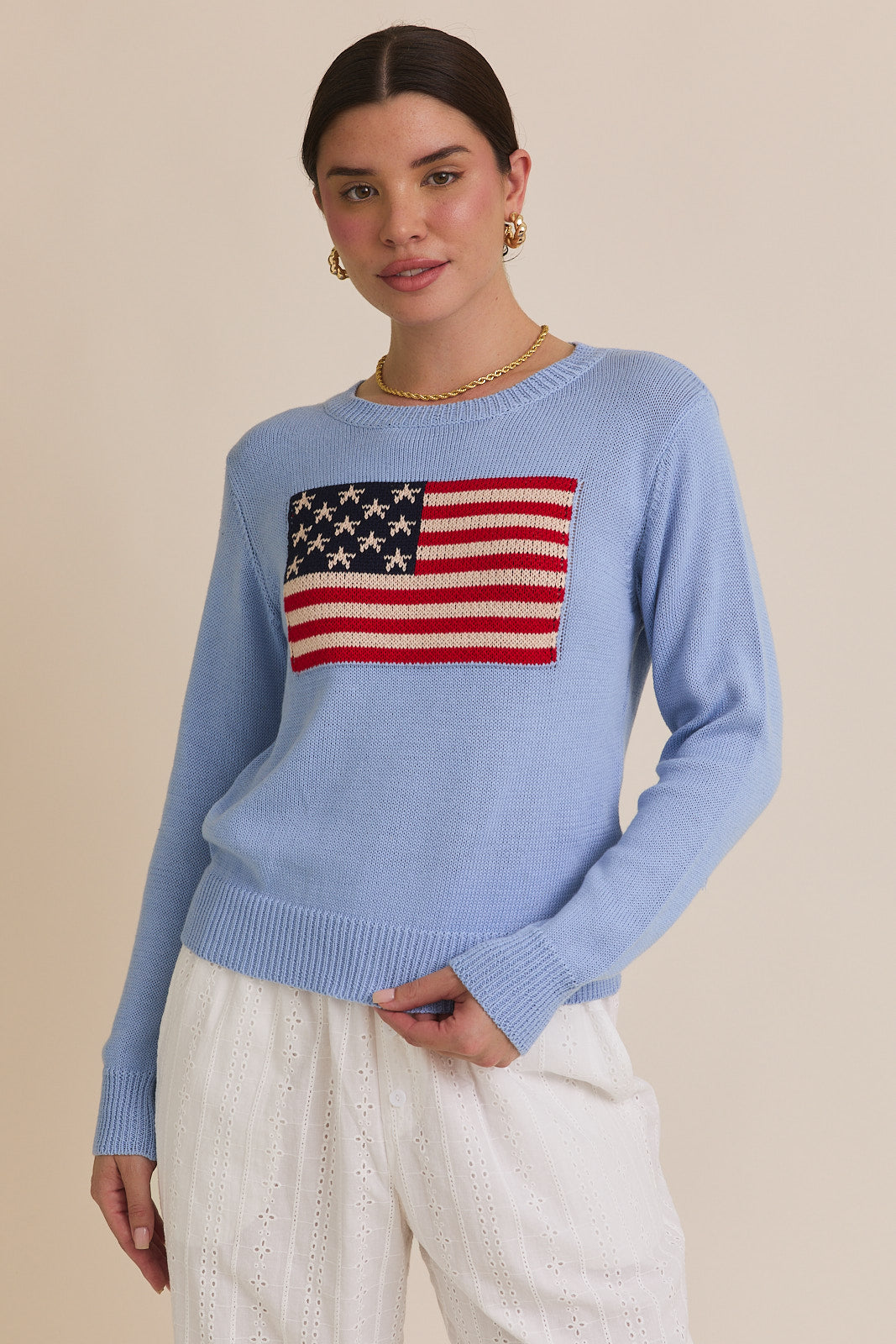 American Flag Crew Neck Sweater in Baby Blue