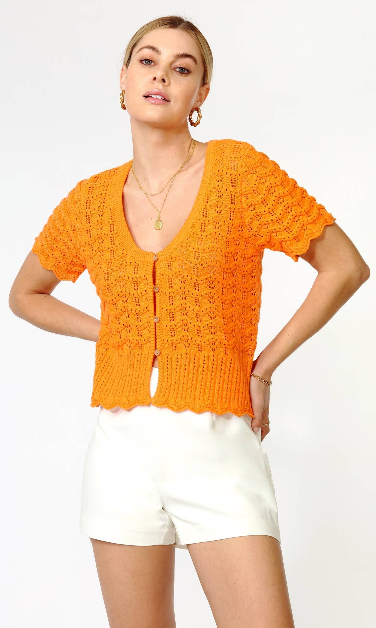 Shanti Scalloped Open Knit Cardigan in Orange