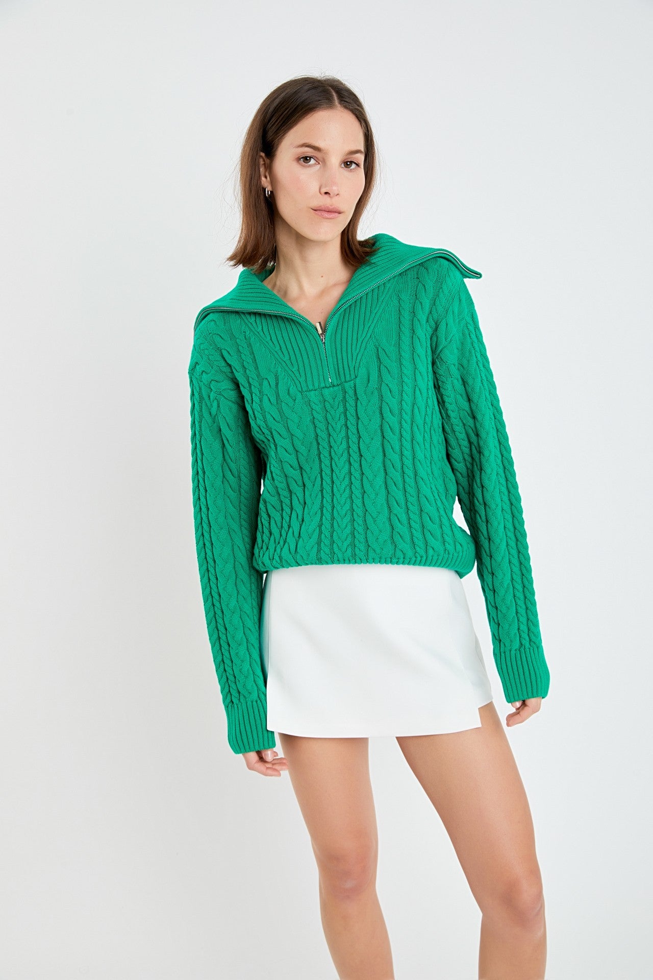 Zip Up Knit Sweater in Green