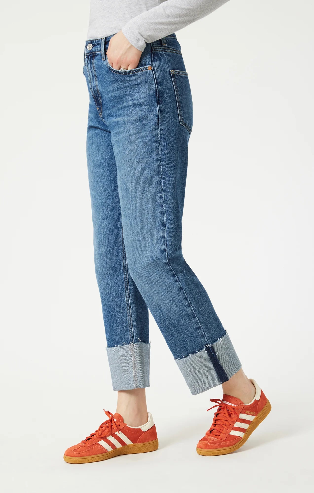 Savannah Cuffed Straight Leg Jeans in Shaded Classic Blue