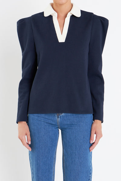 Polo Collar Sweatshirt in Navy/Cream