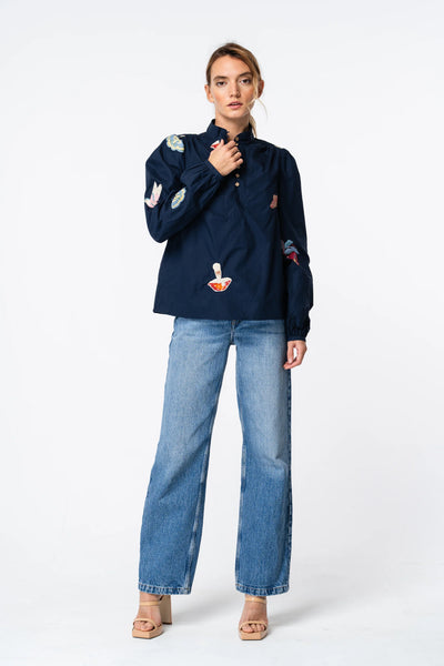 Emmy Embroidered Parkscape Top in Navy