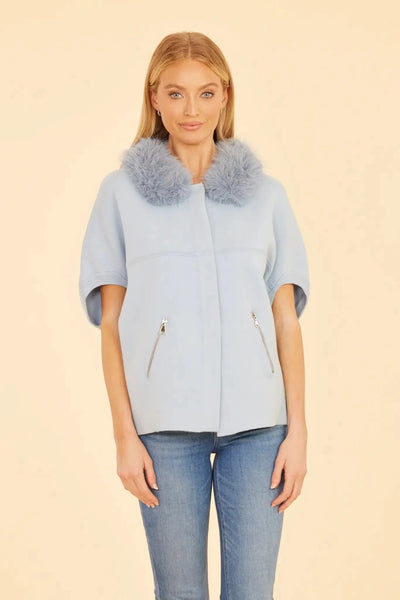 Faux Fur Trim Cardigan in Baby Blue