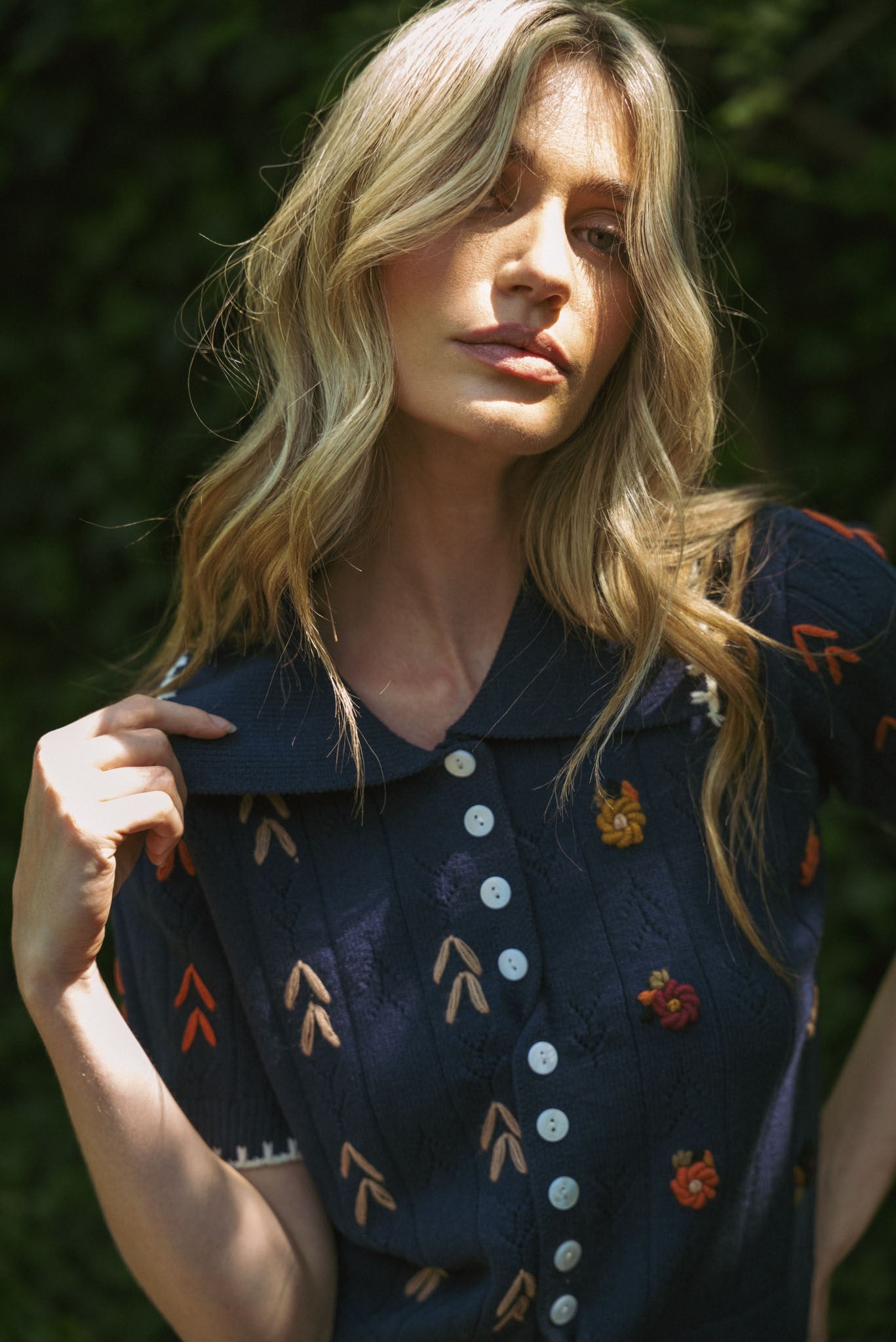 Hand Embroidered Short Sleeve Button Down Sweater in Navy Multi