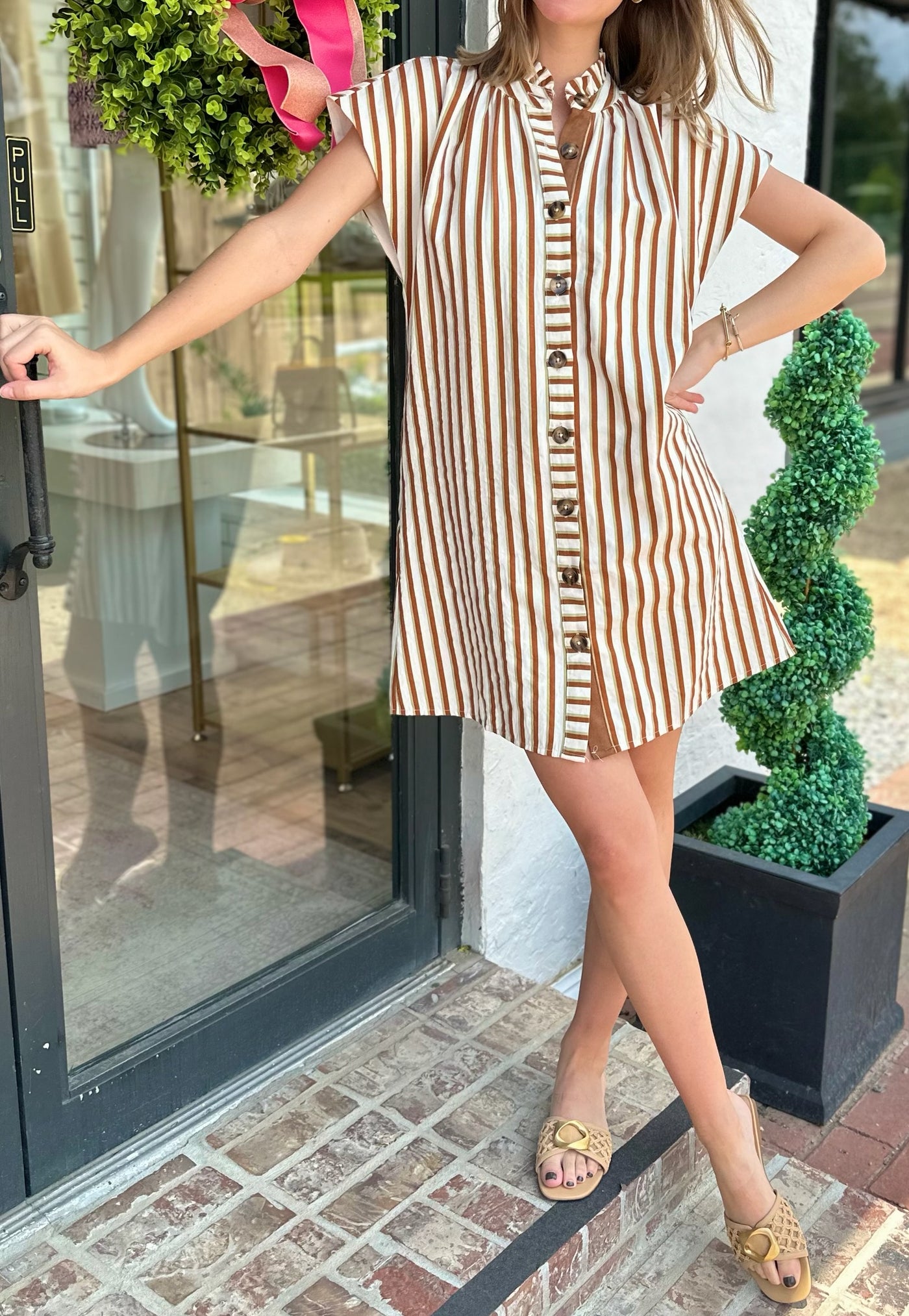 Striped Button-Up Dress in Brown Multi
