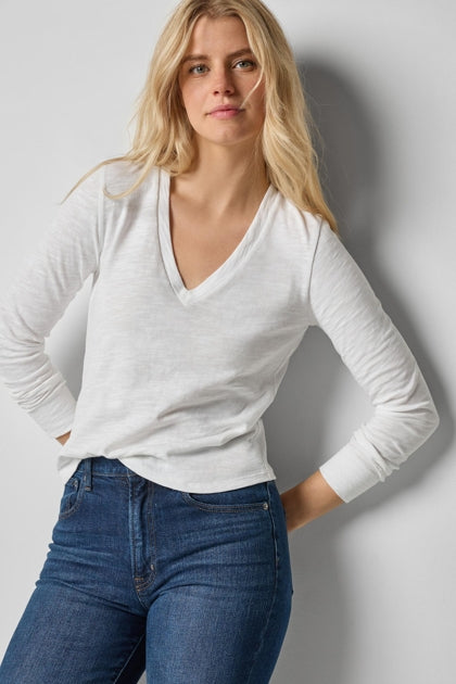 Long Sleeve Self Trim V-Neck in White