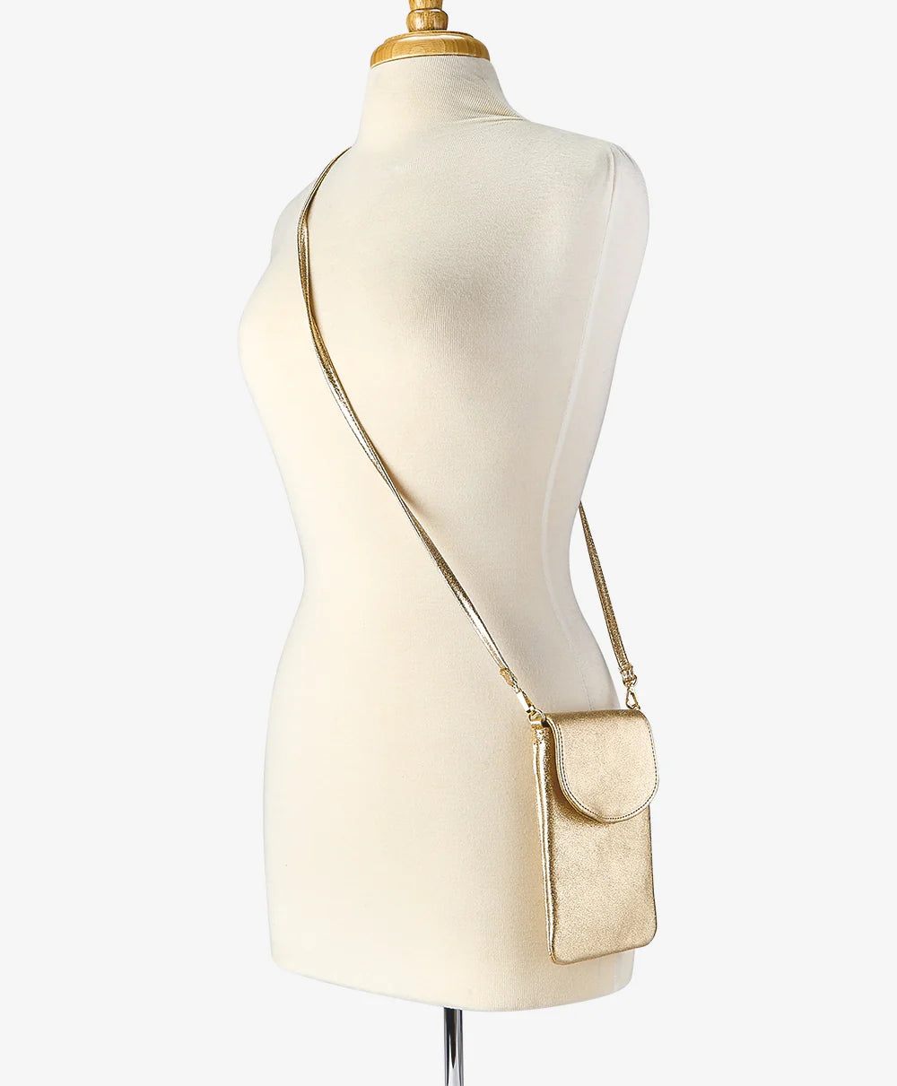 Emmie Phone Crossbody in Gold Platinum Metallic Leather