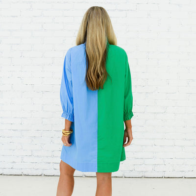 Kelsey Contrast Dress in Green and Blue