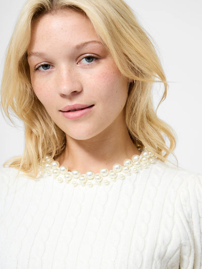 Embellished Neck Short Sleeve Sweater in Porcelain Cream
