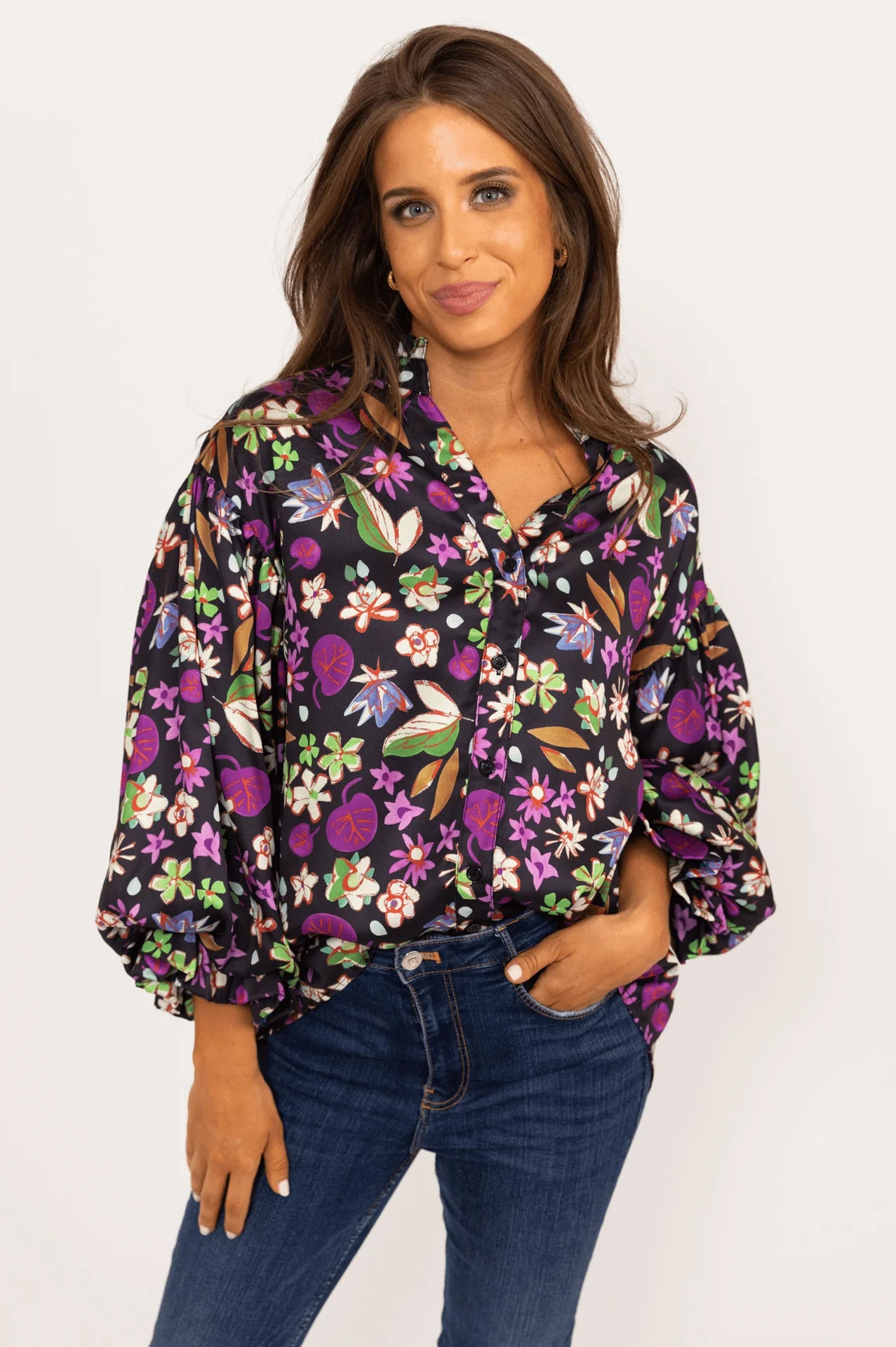 Floral Satin Vneck Top in Black Floral Multi