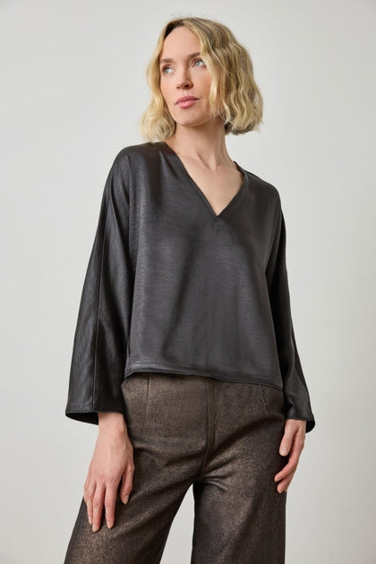 Satin V-Neck Dolman in Black