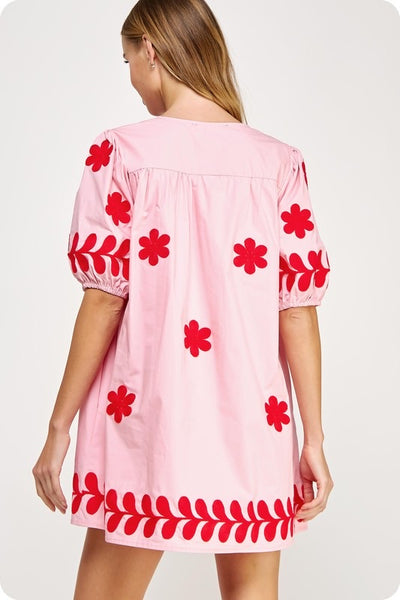 Floral Embroidery Mini Dress in Pink/Red