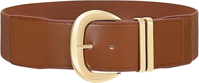 Wide Elastic Waist Belt in Camel/Gold