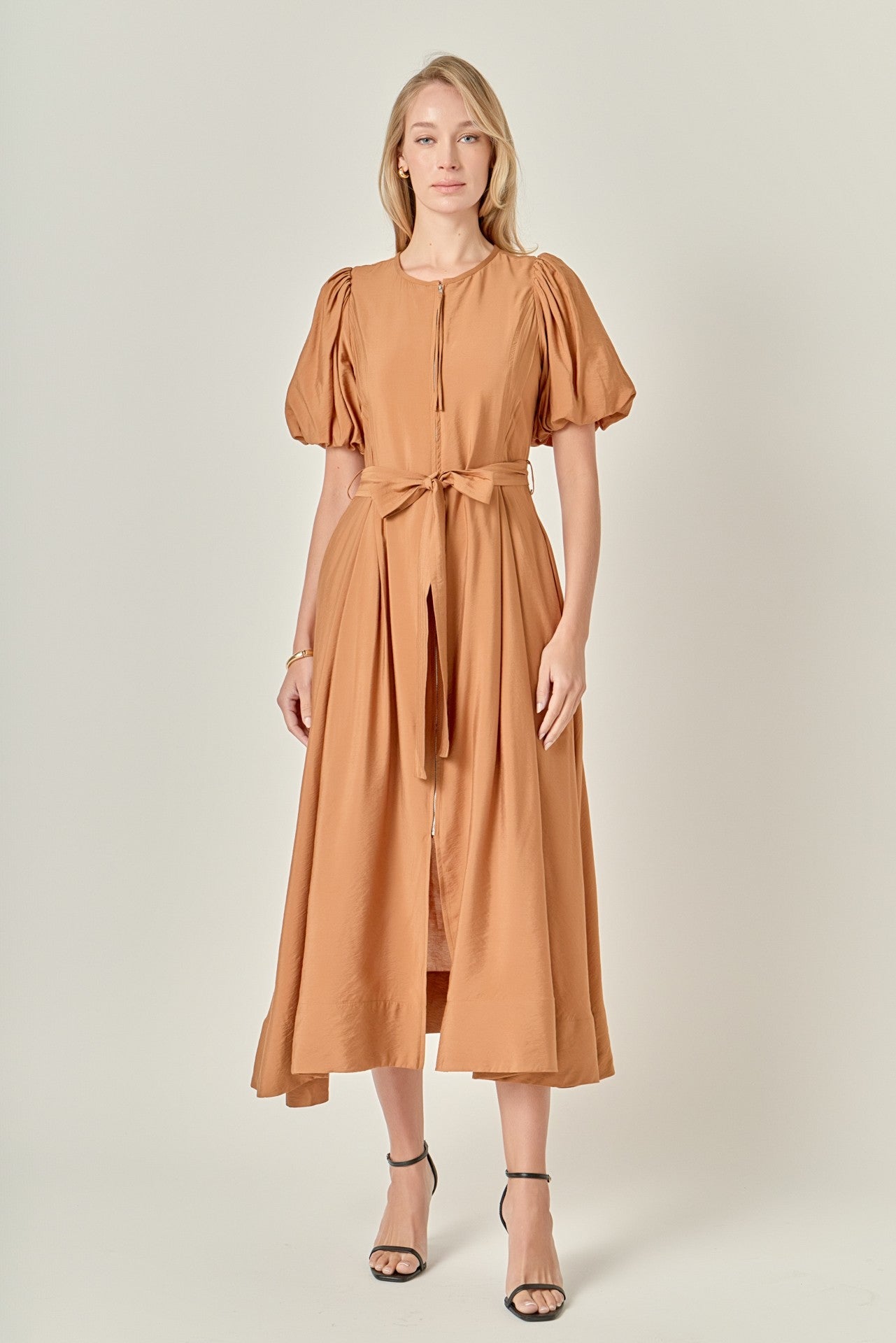 Puff Sleeve Midi Dress in Camel