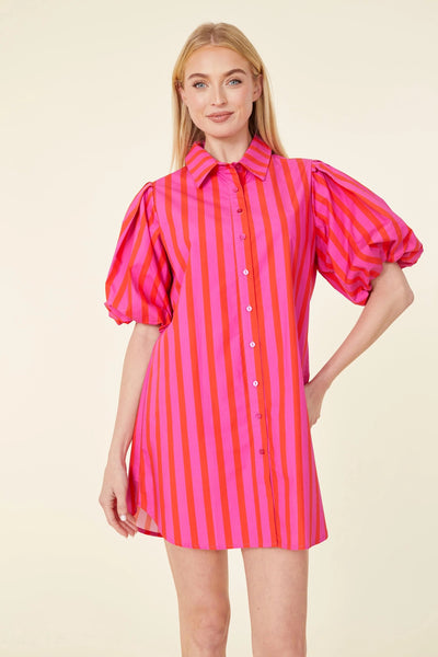 Puff Sleeve Stripe Tunic Dress in Pink/Red