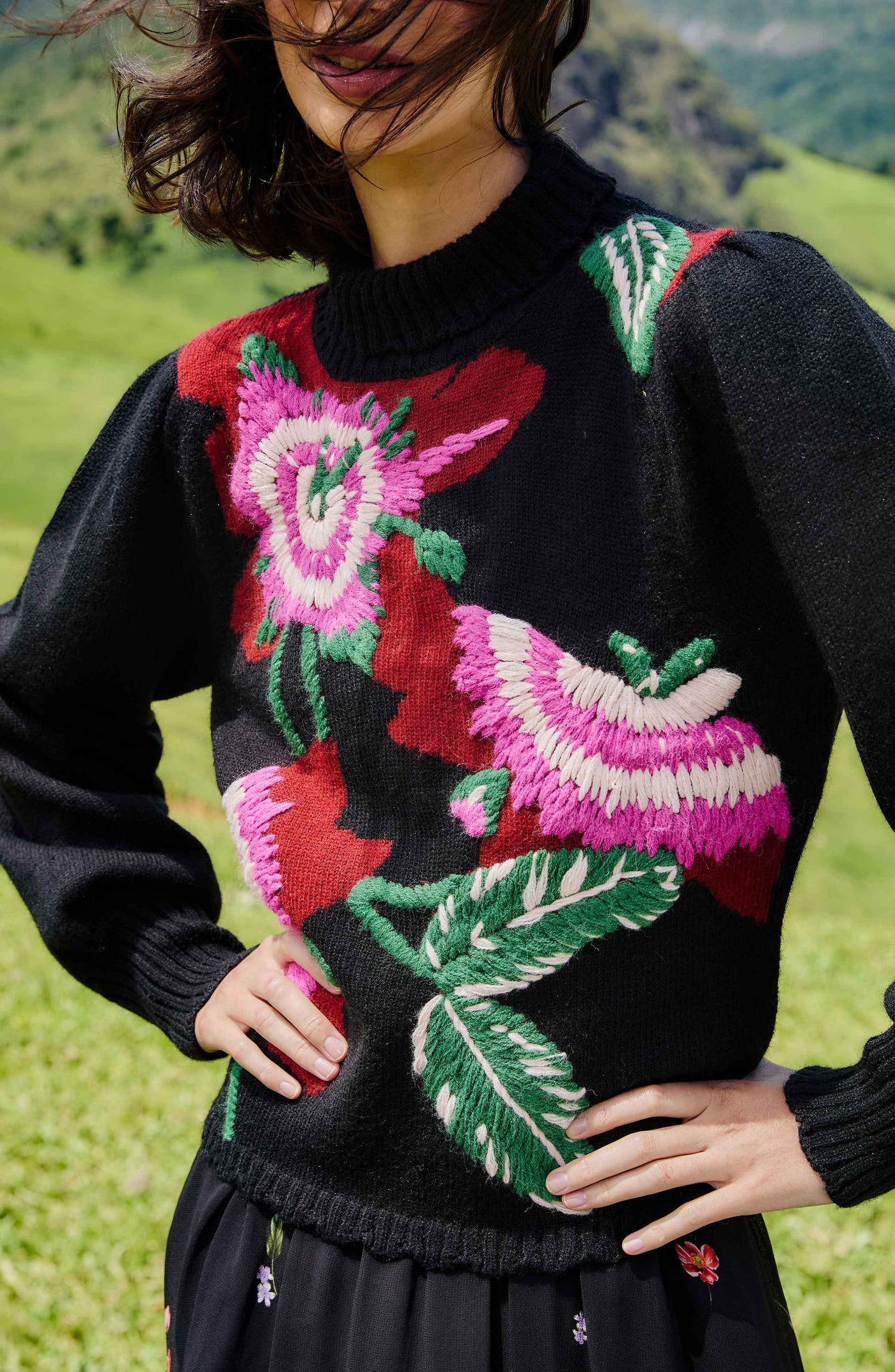 Bold Colorful Flower Knit Sweater in Black Multi