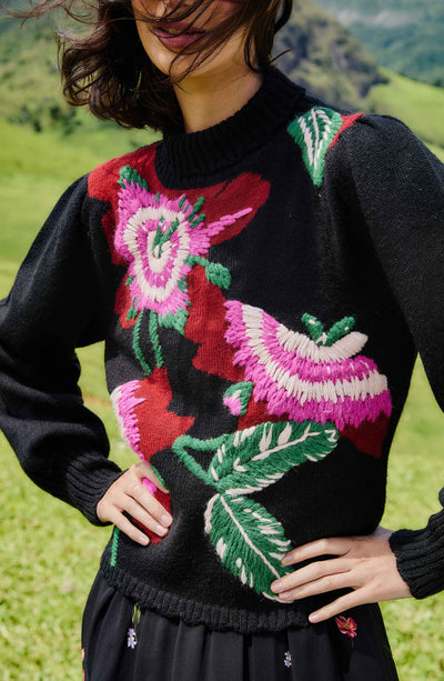 Bold Colorful Flower Knit Sweater in Black Multi