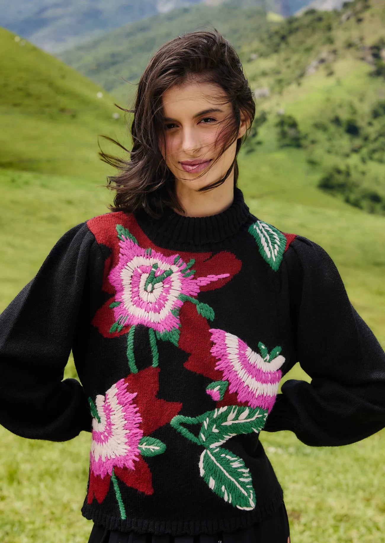 Bold Colorful Flower Knit Sweater in Black Multi