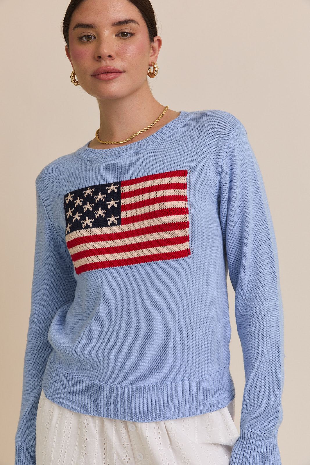 American Flag Crew Neck Sweater in Baby Blue